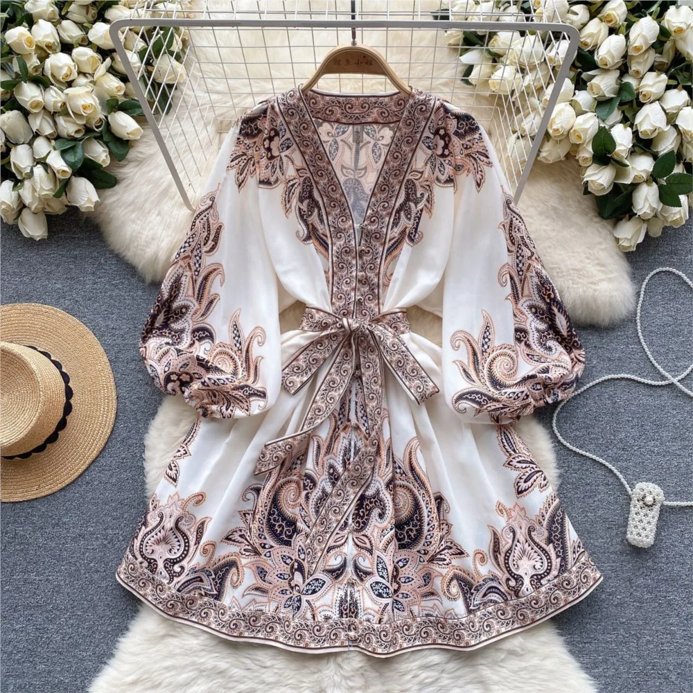 Vintage Print Elegant Puff Sleeve A-line Vneck Mini Dress Casual Women Fashion Autumn Spring Lace-Up Dress Vestidos De Mujer