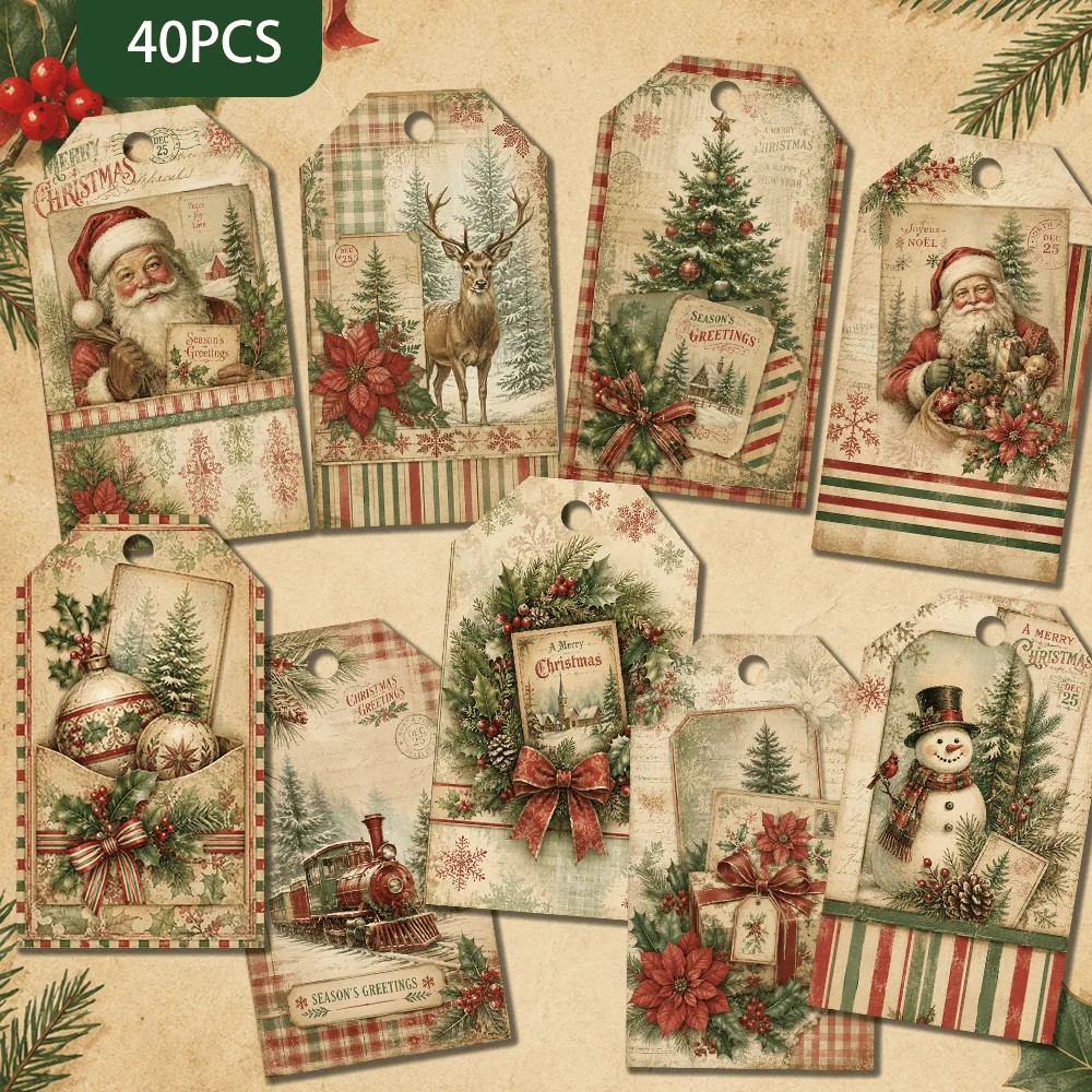 40pcs Nostalgic Christmas Decorative Tags, Holiday Gift Labels, Party Decorations, Handmade Packaging Accents, Jute Rope