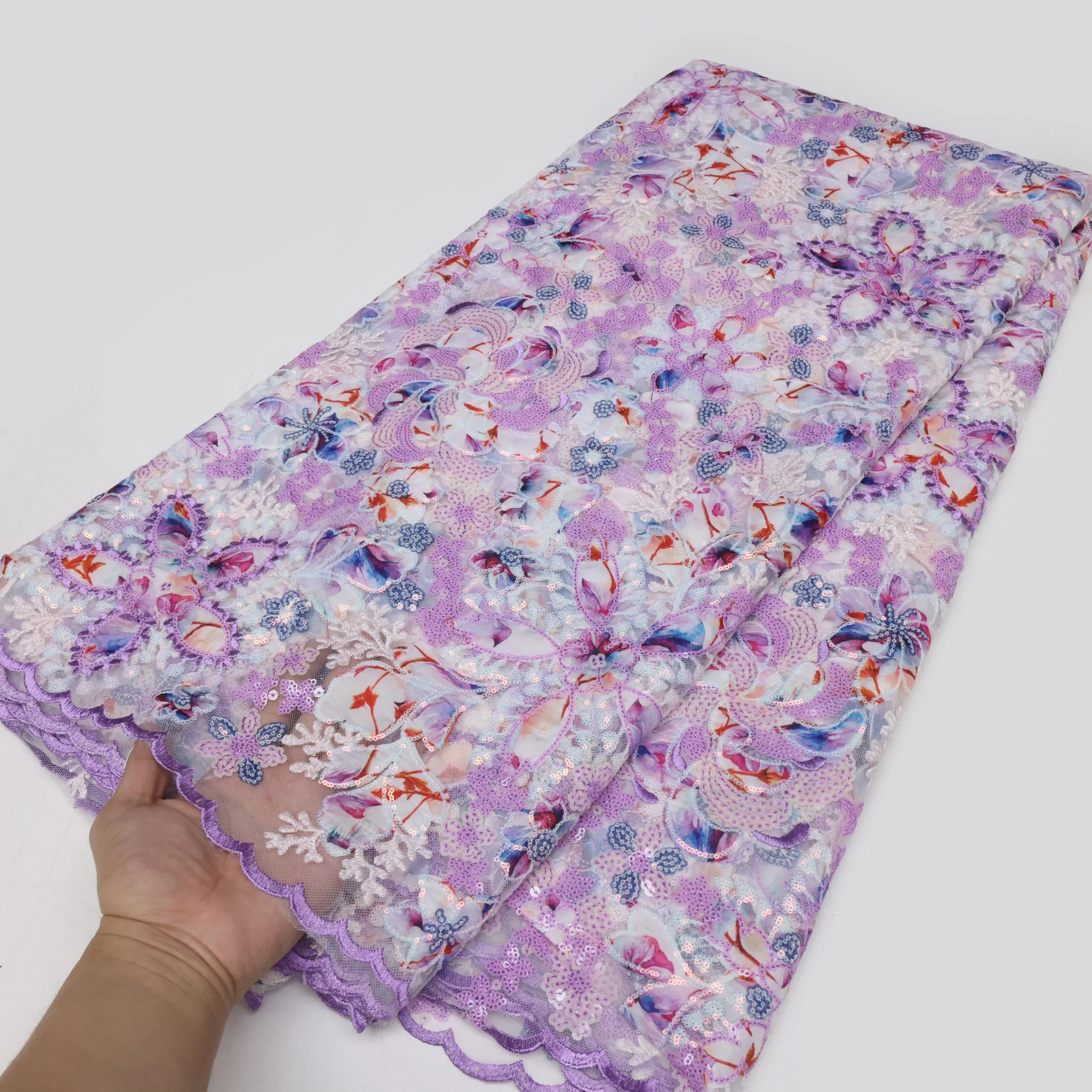 African Sequins Flocking Lace Fabric