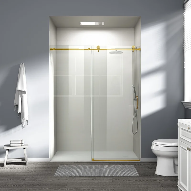 

60" W x 76" H Frameless Sliding Shower Door, 6mm Tempered Glass, Brushed Gold Finish, Single Panel Walk-in Shower Enclosure