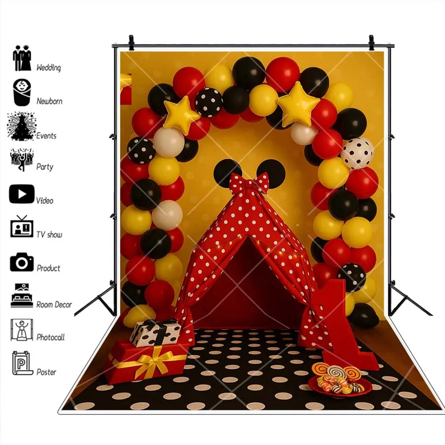 Latar Belakang Tema Mickey House Kustom Balon Kuning Hitam Merah Spanduk Dekorasi Pesta Ulang Tahun Anak Latar Belakang Fotografi Baby Shower