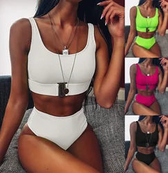 4 kolory Bikini kobiety jednolity wysoki stan stroje kąpielowe strój kąpielowy projekt klamry kobiet plaża zestaw Bikini strój kąpielowy Bikini Taille Haute