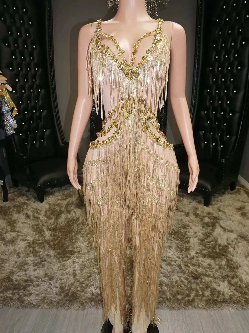 Verjaardag Outfit Zangeres Danser Performance Kostuum Dragen Sprankelende Gouden Pailletten Strass Rompertjes Vrouwen Mouwloze Jumpsuit