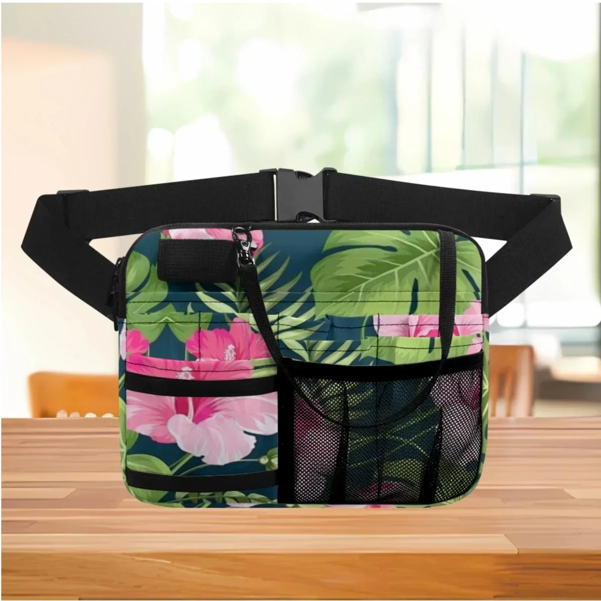 

Medical Nurse Fanny Pack Tropical Palm Leaf Hibiscus Flower Design Utility Waist Bag Mult-Pocket Adjustable Medicine Storage Bag