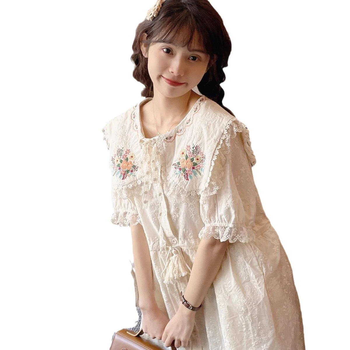 Sweet Women\'s Embroidered Flower Dress Mori Gril Doll Collar Short Sleeve Long Dresses Preppy Summer Casual Loose Vestidos Robe