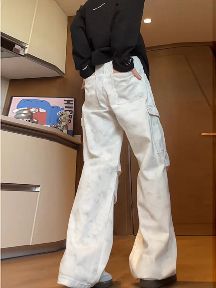 

Retro American Dyed Jeans Men's Spring Autumn Loose Wide Leg Soldier Pants Dir White Workwear Denim Casual Pants