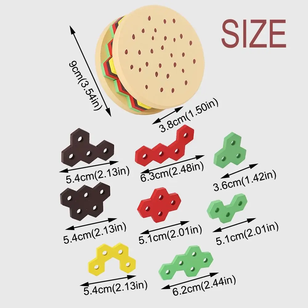 Puzzle de hamburger 3D créatif, blocs de bois, colonne à manches hexagonales, jouets de construction, forme géométrique, Cognition des couleurs