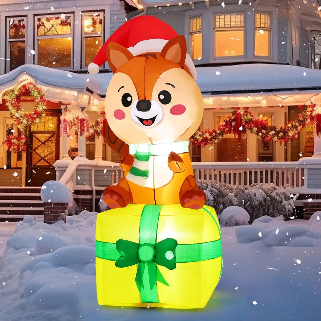 5 FT Christmas Squirrel Inflatable LED Lights Blow up Squirrel Sitting on Gift Box Factory Price Outdoor Christmas Decorations
