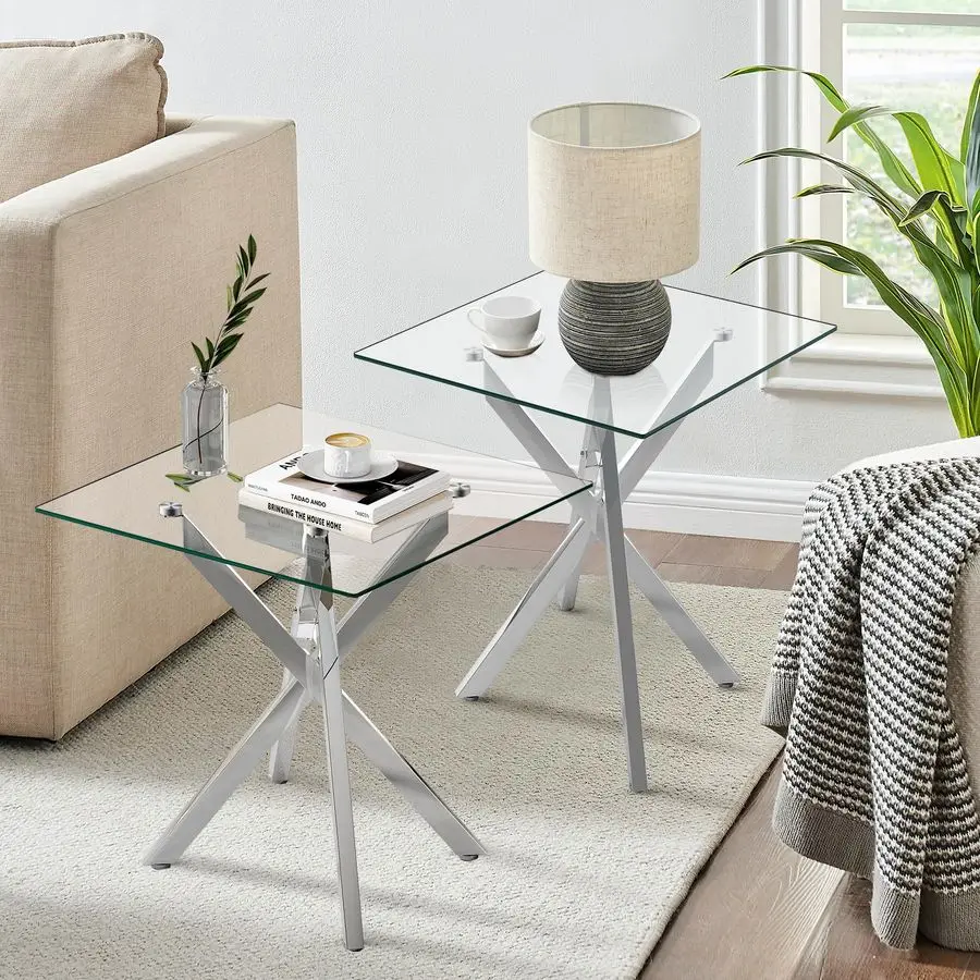 

Side Tables Set, End Tables with Tempered Glass, 17.72 Square Nightstands, Slim Sofa Table for Living Room, Bedroom, Set of 2Chr
