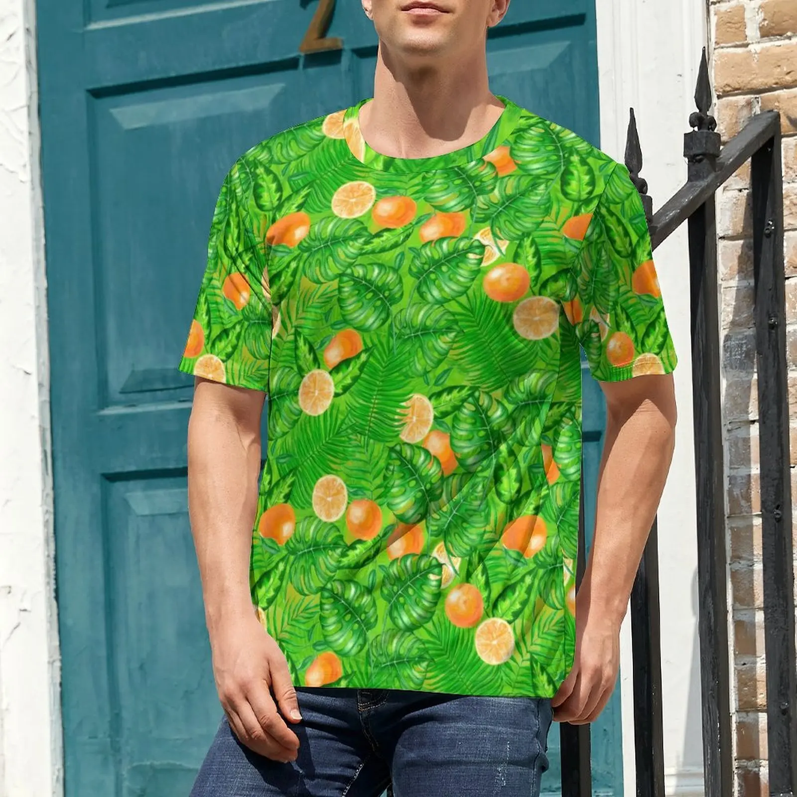 Man Fruit Print T-Shirt Oranges And Tropical Leaves Trendy T-Shirts Short Sleeve Graphic Tshirt Summer Street Oversized Tees
