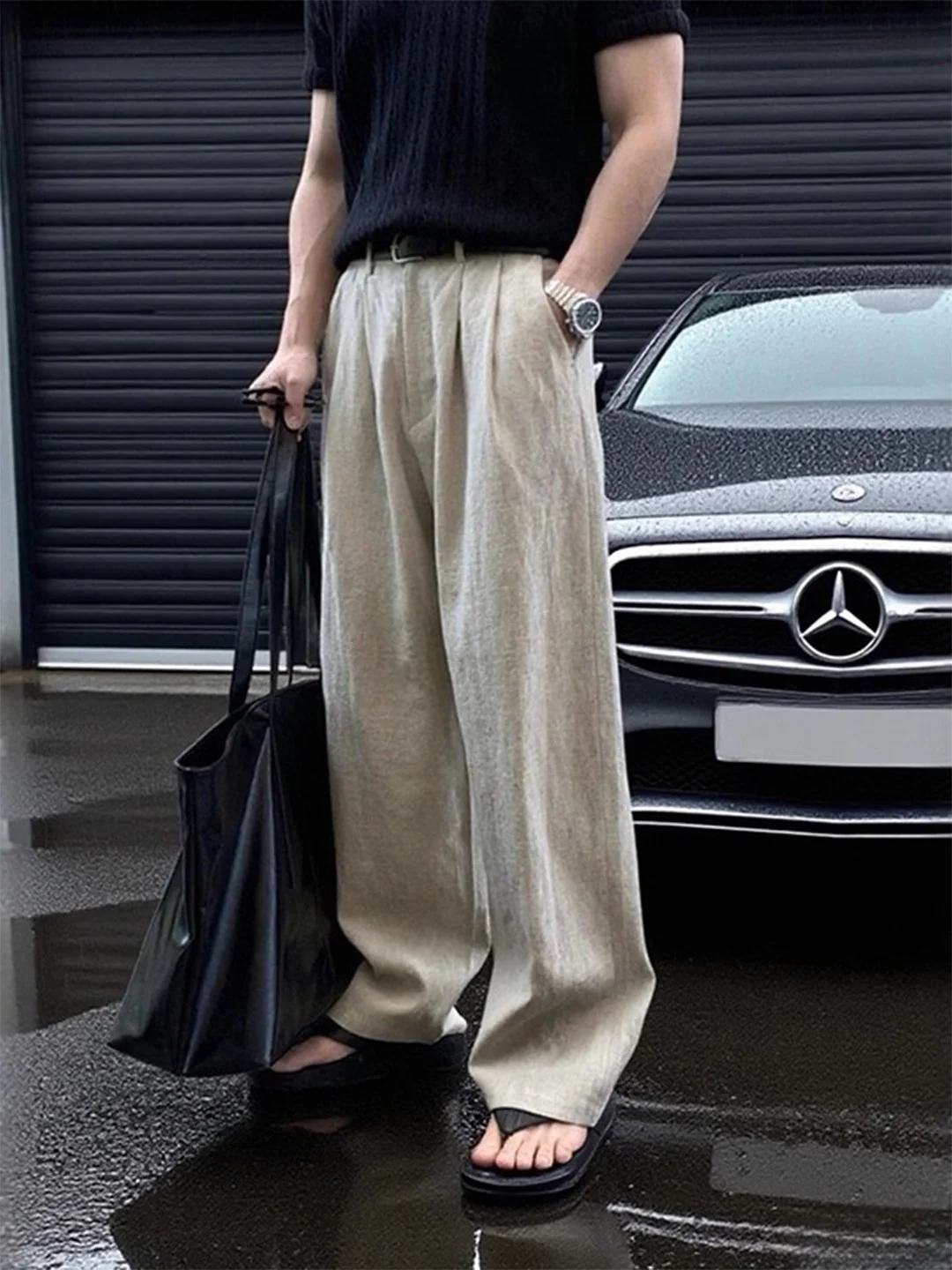 

Lightweight Breathable Khaki Linen Pants Men Summer Thin Ice Silk Straight Leg Loose Wide Leg Qui Dry Casual Trousers