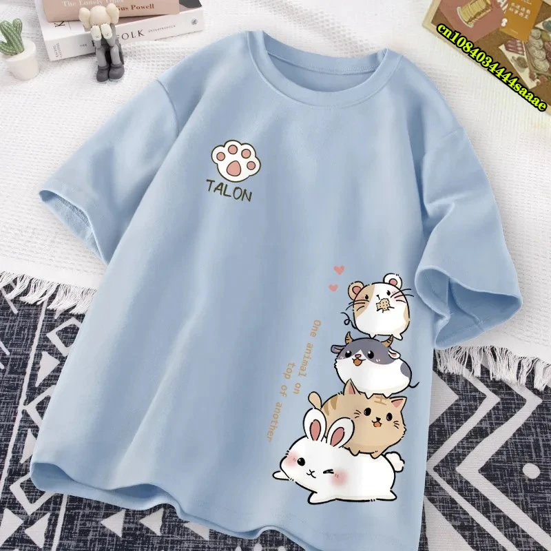 Japanese Cute Hamster Style Sweet Print Daily Wear Short Sleeve T-shirt Women's Loose Casual Teenage Student Half Sleeve Top view 4