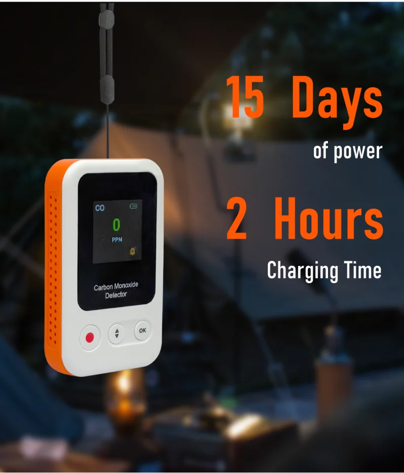 Rilevatore portatile di monossido di carbonio Mini monitor CO ricaricabile in standby da 15 giorni con cordino per misuratore di CO da campeggio da viaggio 0-1000 ppm