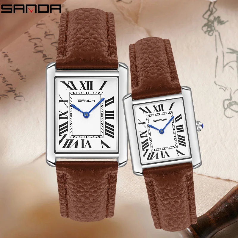 

SANDA Couple Watch 30M Waterproof Casual Fashion Women Men Quartz Watches Wear Resistant Leather Strap Square Dial Design Reloj