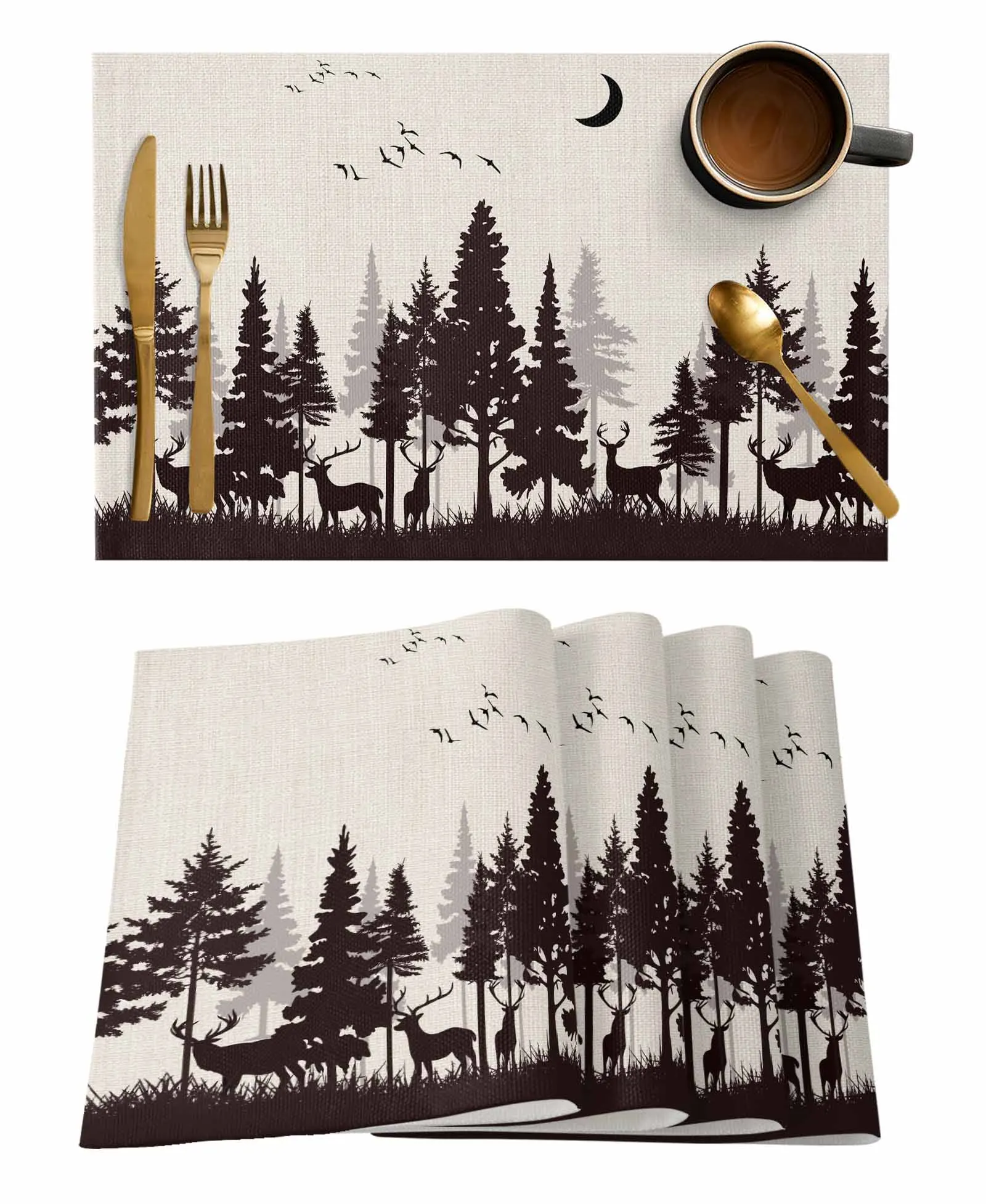 4/6 Pcs Forest Silhouette Deer Animal Bird Nature Placemat Kitchen Placemat Home Decoration Dining Table Mats Coffee Coaster Mat