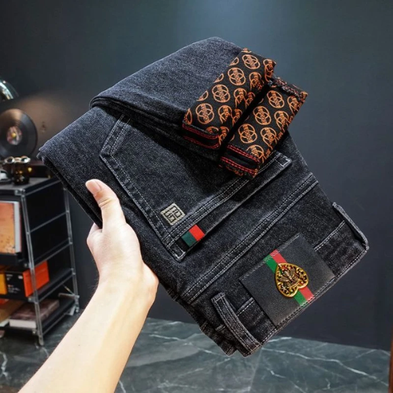 موضة جديدة الشتاء الخريف الجينز الرجال المطبوعة تصميم الشارع كل مباراة عادية لينة تمتد جودة ملابس للرجال نحيل بنطلون #6