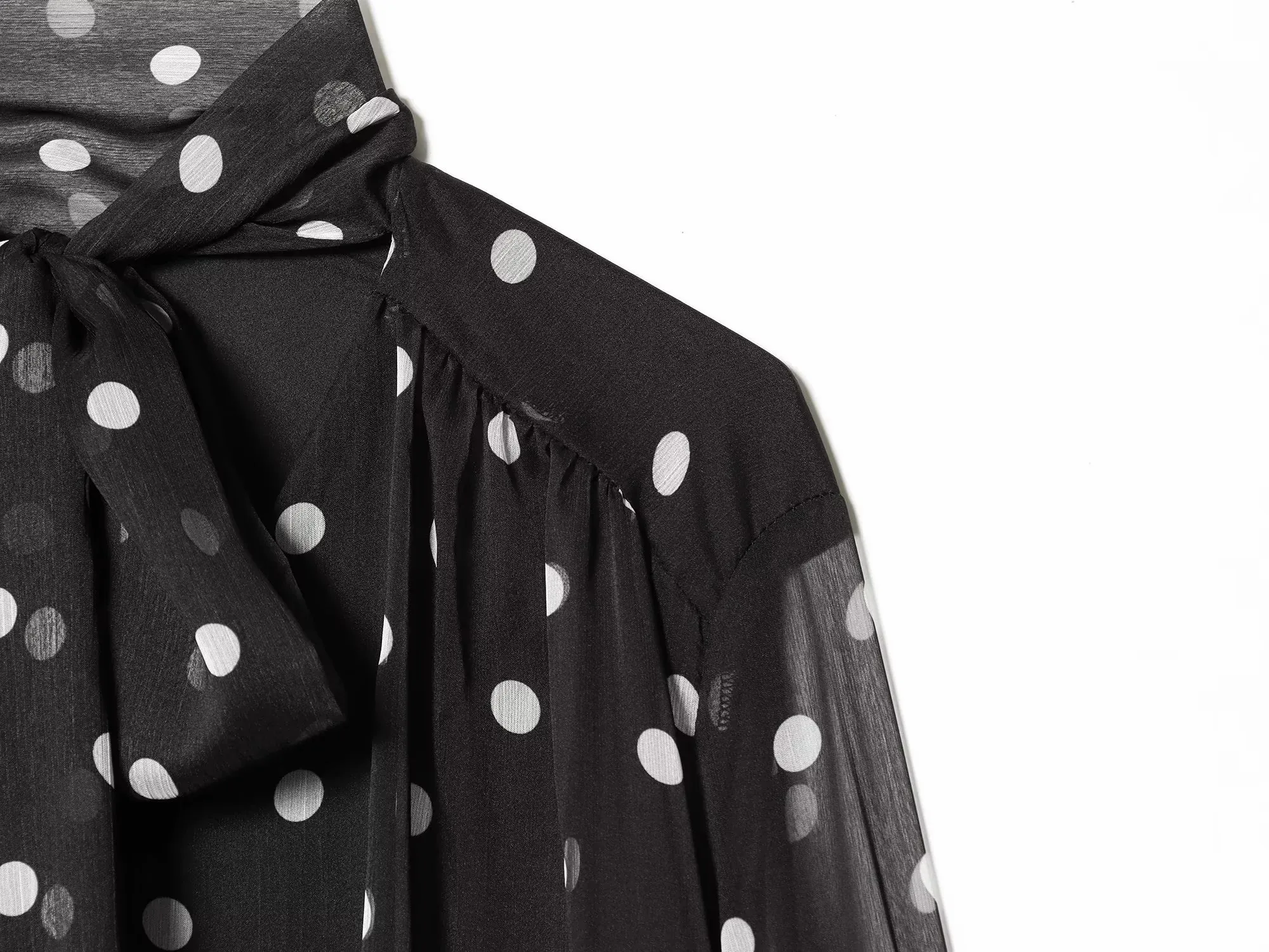 Elegante Damenbluse mit Polka-Dot-Muster, Schleifenkragen, Langarm-Shirt, Modische Damen-Oberteile im High-Street-Stil, Schicke Dünne Blusen – Detail 7