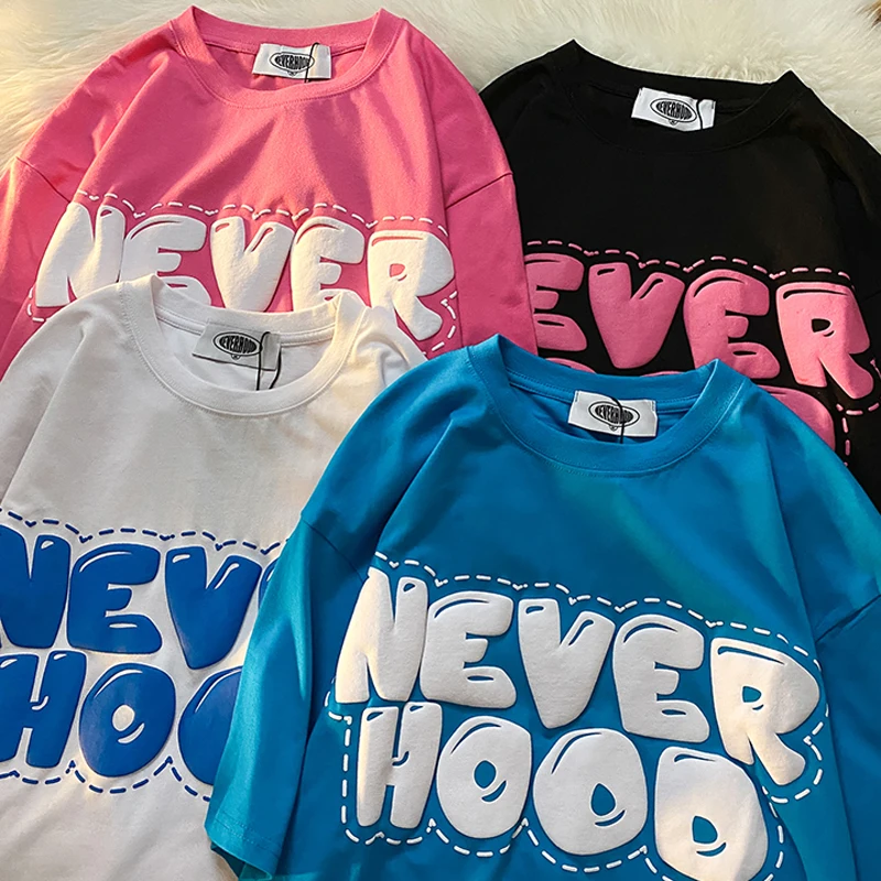 2022 estate nuovo cappuccio stampa schiuma T Shirt donna sciolto solido Tees Hip Hop Casual Tshirt oversize O collo femminile Y2k top Goth