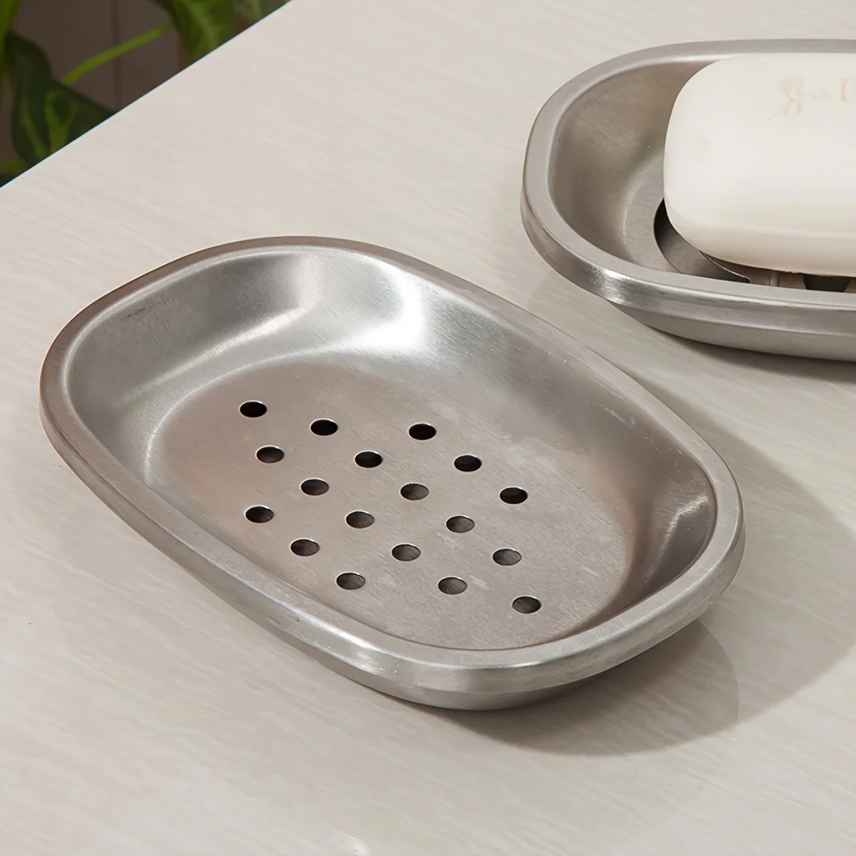 1Pcs Stainless Steel Soap Dish with Drain Tray Durable Double Wall Oval Kitchen Soap Holder Kithcen Sponge Holder Soap Container