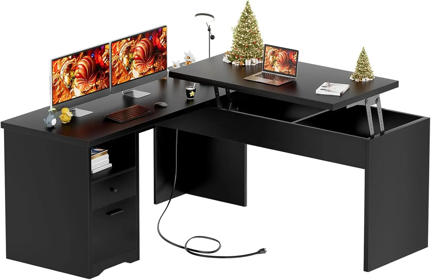 L Shaped Desk with Lift Top and Drawer, Large Office Desk with Power Outlets and USB Charging Ports