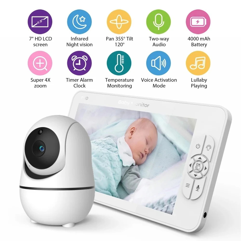 SM70 Wireless Baby Monitor 7 Inch LCD IR Night Vision 2 Way Talk 8 Lullabies Temperature Monitor 24h Portable Baby Camera