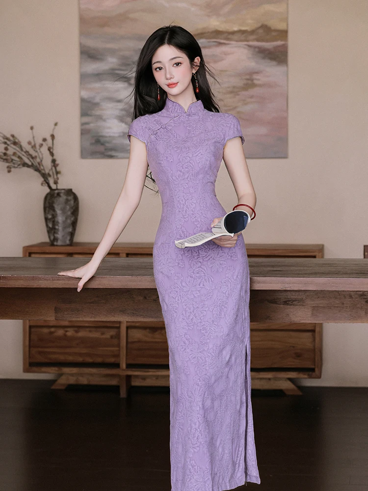 

Ele Purple Embroidered Improved Dr Waist Cinched Long Skirt Set Vintage Sle Breathable ort Sve Gown