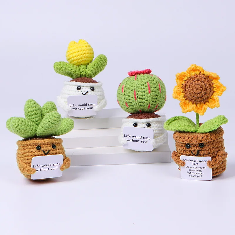 Cute Crochet Talking Cactus HandWoven Cactus Parlante Car Desktop Decor Hand-Knitted Flowers