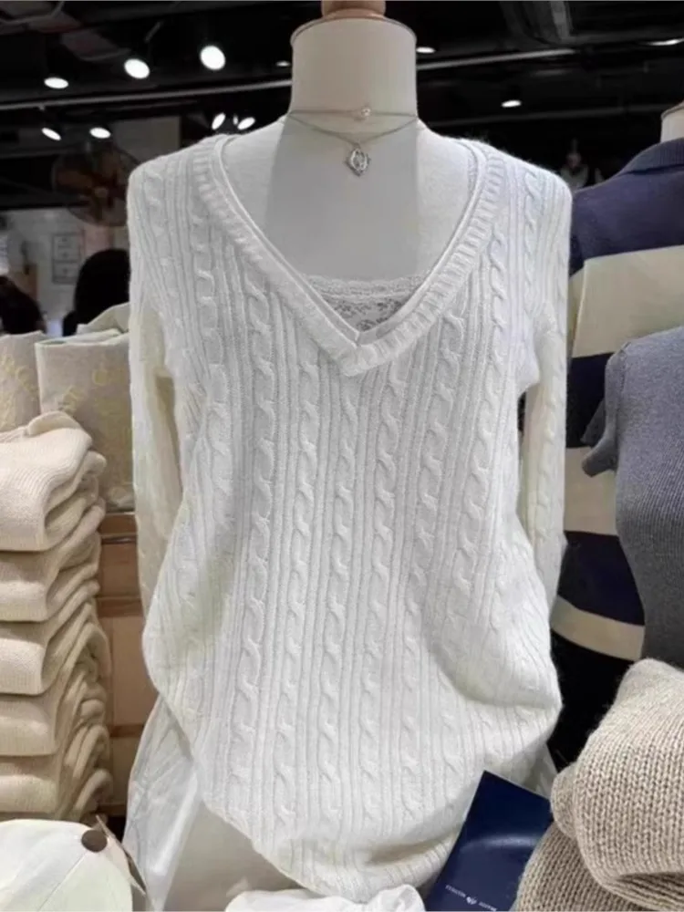 Nuevo suéter de punto fino con flores retorcidas Beige, jerséis de manga larga con cuello en V para mujer, suéter de estilo pijo bonito y dulce para primavera, Top