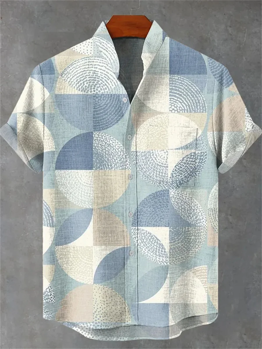 Summer 3D printed geometric pattern Hawaiian shirt casual fashion men's short sleeve stand collar shirt vintage top