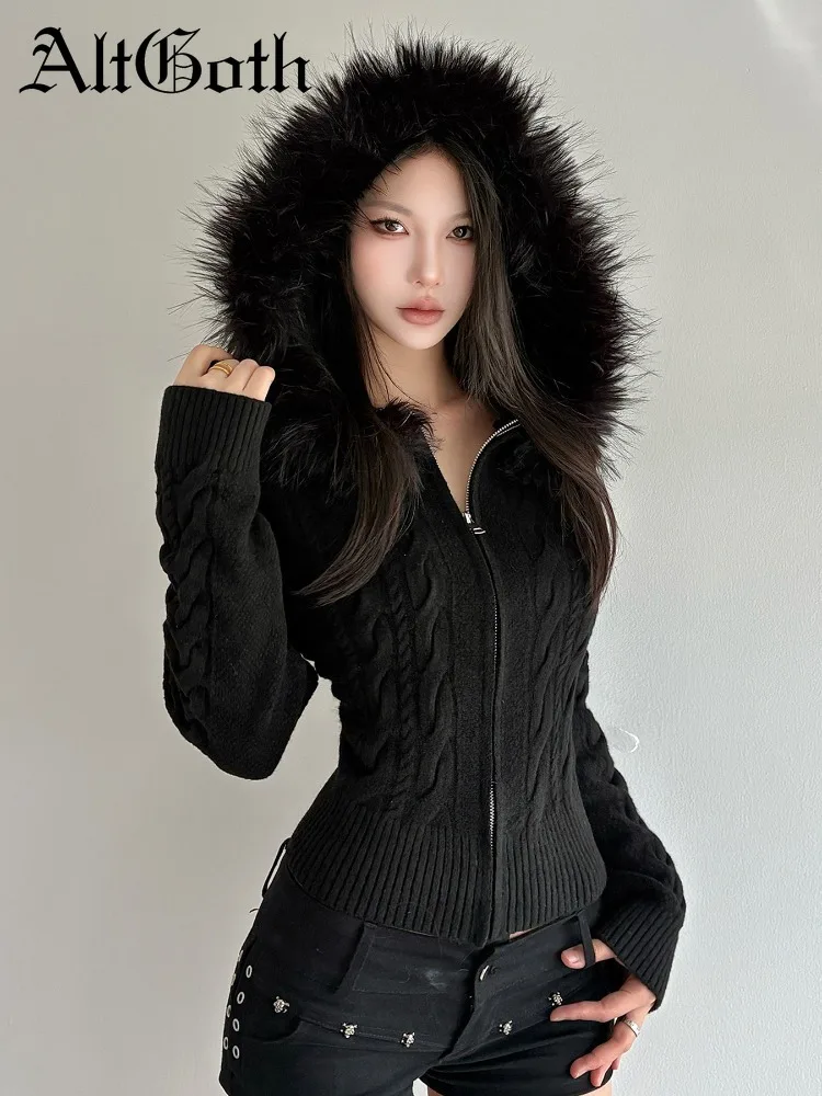 AltGoth Aesthetic Warm Sweater Women Fairycore Grunge Dark Gothic Streetwear Fur Patchwork Hooded Zip-up Knitted Sweater Female