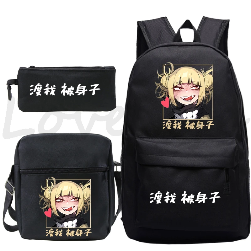 My Hero Academia Himiko Toga Kawaii Bolsa Escolar para Meninas, Mochila de Manga dos Desenhos Animados, Mochila de Volta à Escola, 3Pcs por Conjunto