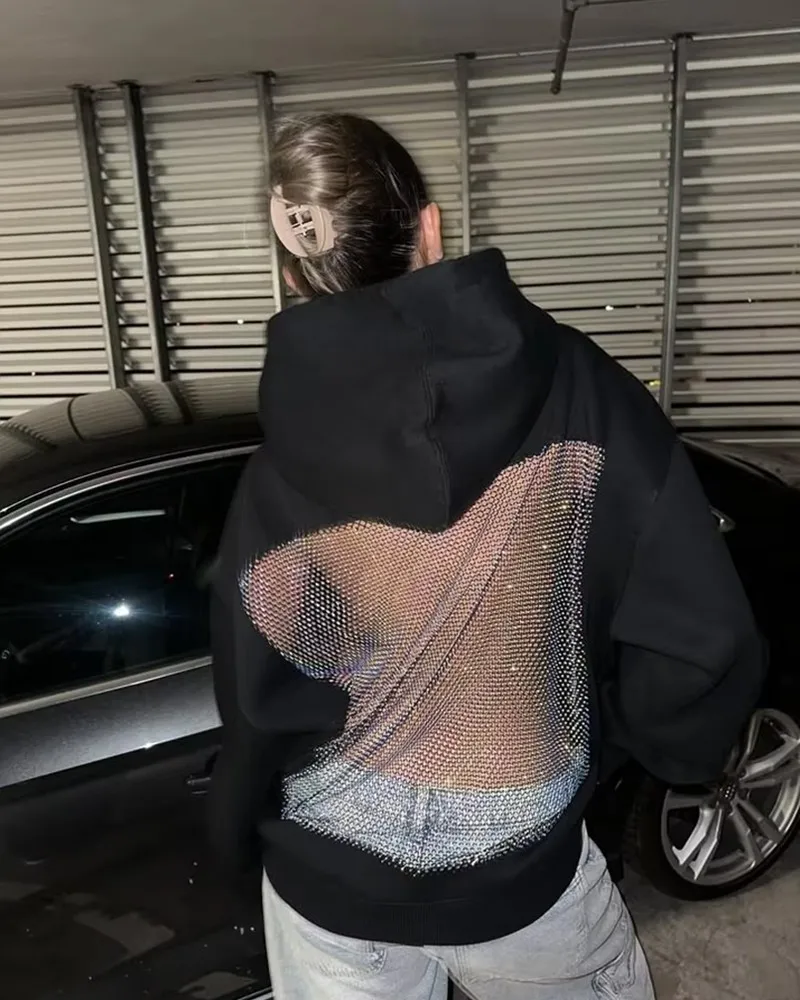 American Sexy Hot Sweetheart Hoodie mit offenem Rücken Y2K Kleidung Damenmode Transparent Mesh Hoodie Sexy Hohl Mesh Pullover
