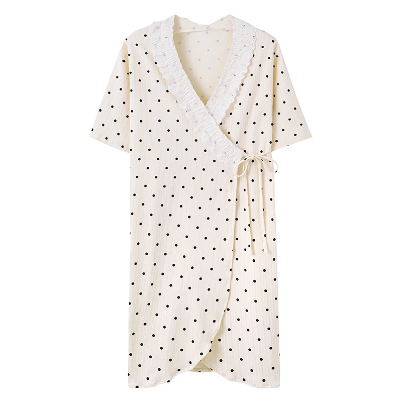 

Women summer cotton robes big yards M-XXXL polka dots bathrobes short sleeve morning house coat medium long nightgown spa kimono