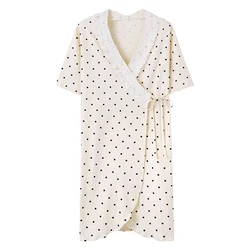 Women summer cotton robes big yards M-XXXL polka dots bathrobes short sleeve morning house coat medium long nightgown spa kimono