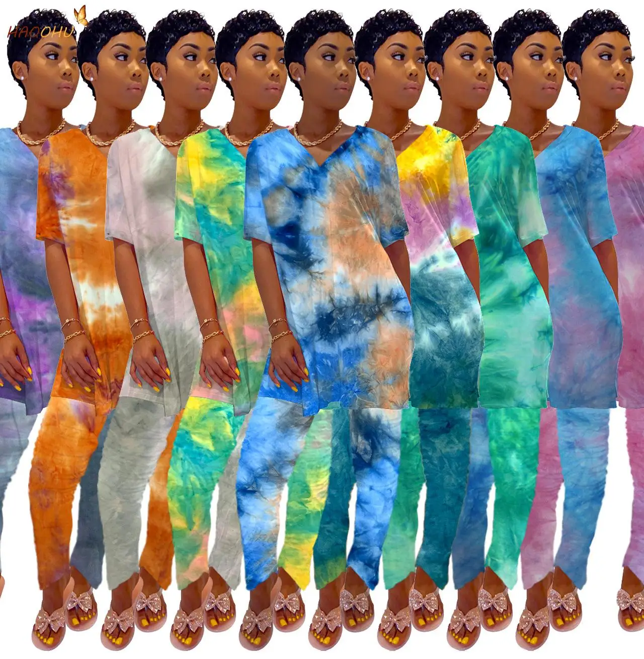 

HAOOHU Women Home Two-Piece Sets 2023 Autumn Rainbow Tie Dye Print Women's Tracksuit Maxi T-shirt Stacked Long Pant Lounge Wear