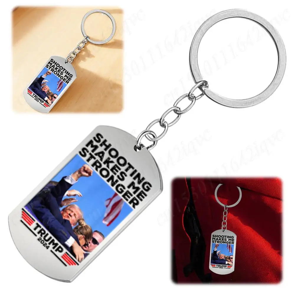 Trump 2024 Flag Pendant Key Chain Stainless Steel Shooting Makes Me Stronger Key Ring Key Holder Gifts for Supporters Fans