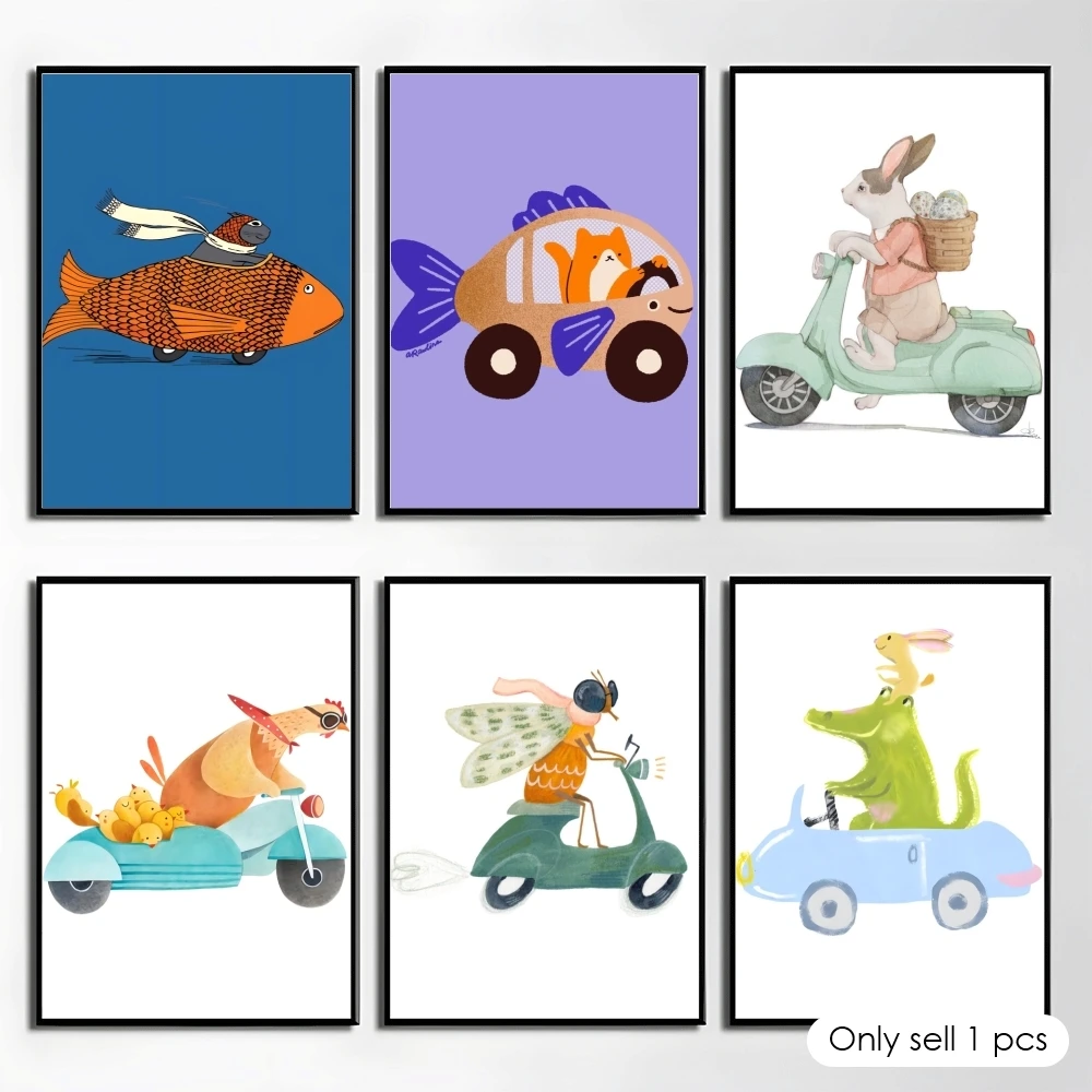 Cute Animal Riding Poster HD Art Mural Wallart Waterproof Vintage Print Decor for Home Decoration DIY Durable