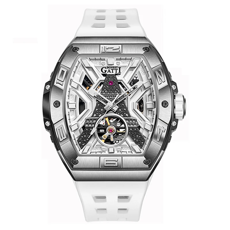 BONEST GATTI Orologio automatico da uomo Orologio da polso meccanico Tonneau di lusso Impermeabile Zaffiro Luminoso Cinturino in gomma fluorurata Scheletro