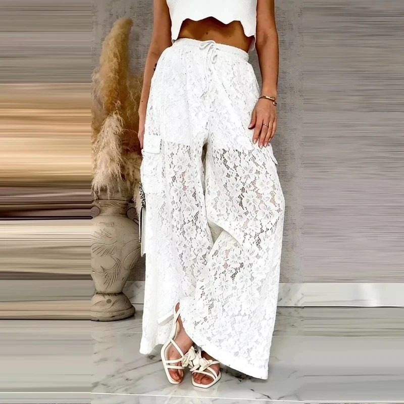 

Women Solid Color Elastic Waist Hollow Out Straight Pants Fashion High Waist Lace Long Pants Summer New Loose Commute Trousers