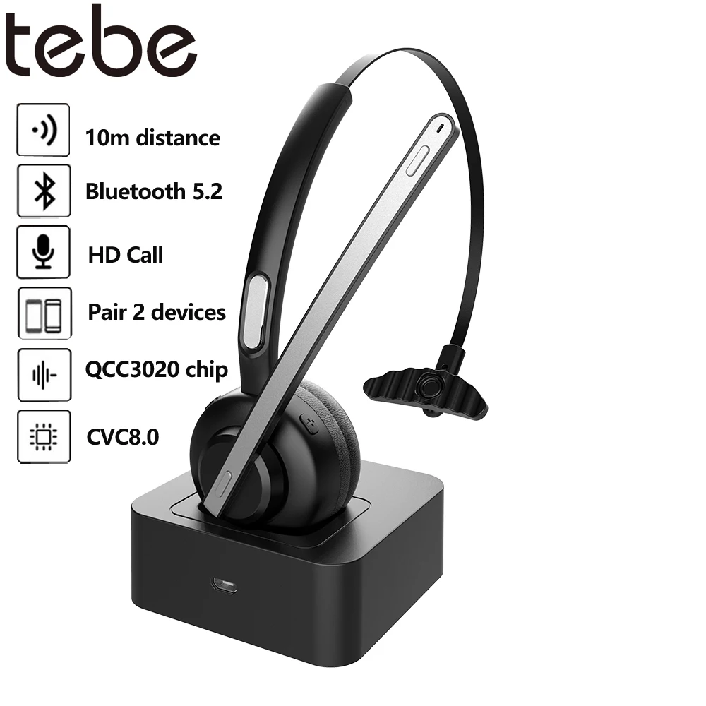 Tebe ENC Noise Reduction Bluetooth 5.2 Office Headphones with Stand Holder Mono Mic Headset Wireless Over Head Earpiece for Call