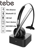 Tebe ENC Noise Reduction Bluetooth 5.2 Office Headphones with Stand Holder Mono Mic Headset Wireless Over Head Earpiece for Call