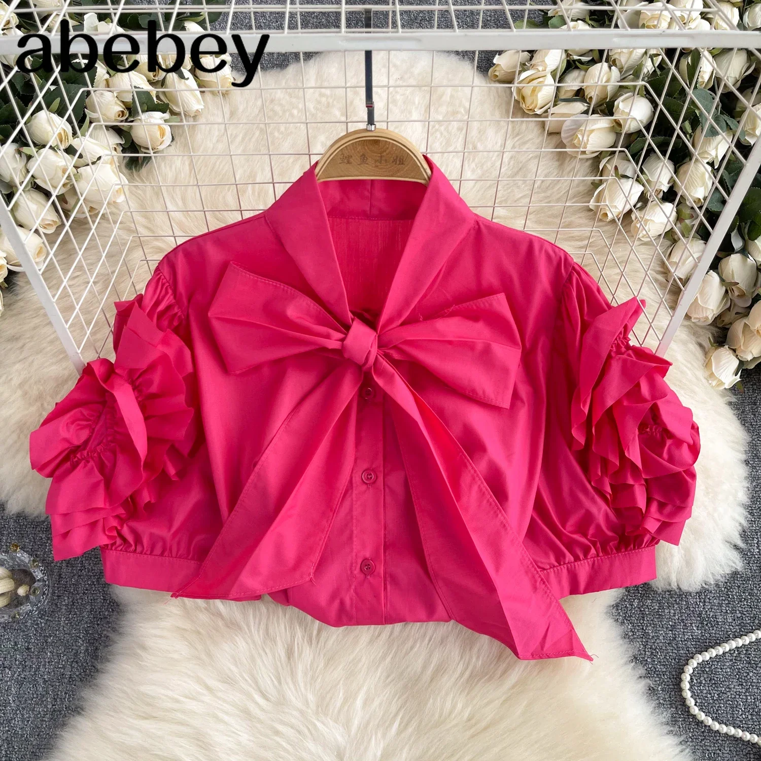 2024 France Chic Women Blouse Bow Collar 3D Flower Short Puff Sleeve Single Breasted Summer Streetwear Gentle OL Loose Tops