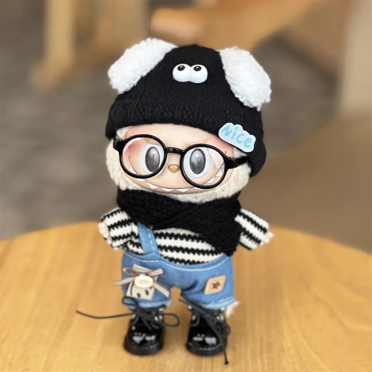 Fashion Clothes Set For 17cm Labubu V1 V2  Dog hat Denim strap Striped Inside Labubu Designer Clothes Labubu Ropa