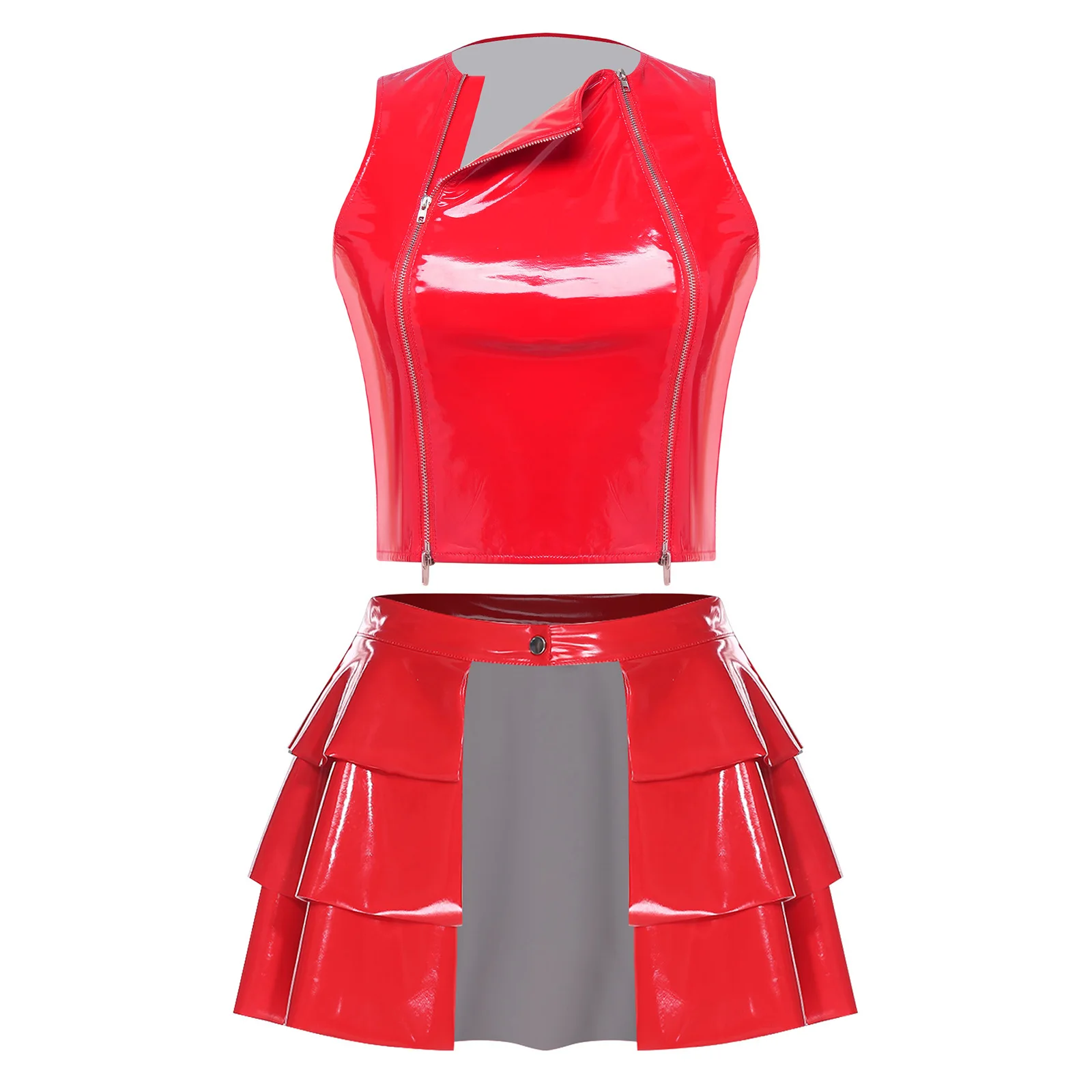 Women’s Wet Look PU Leather Clubwear Glossy Sleeveless Zippers Crop Top And Open Front Tiered Ruffled Mini Skirt Rave Nightclub view 3