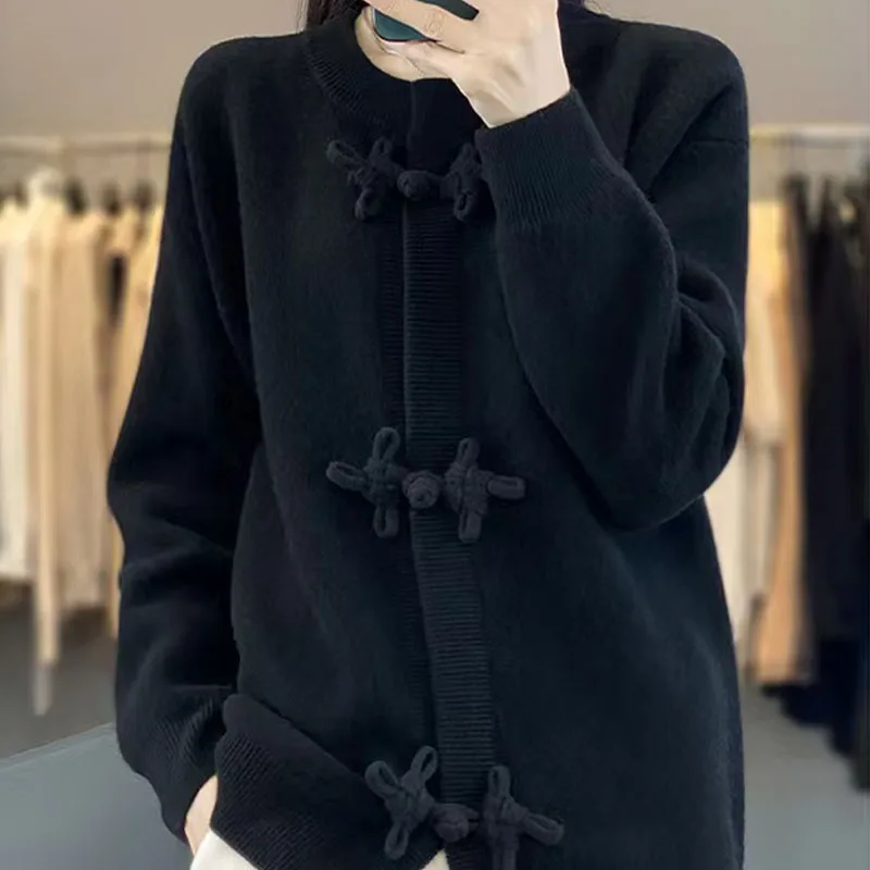 

Autumn Winter Vintage Cardigan, Round Neck, New Chinese Style Button Knit Wool Sweater, Style Loose Sweater Jacket For Women