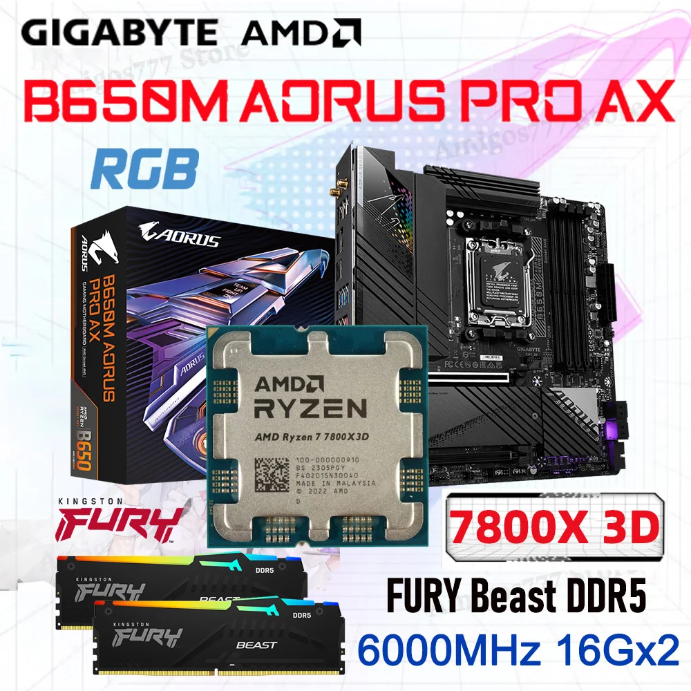 Ryzen Kit R7 7800X3D AM5 CPU Combo Gigabyte B650M AORUS PRO AX DDR5 Memory Kingston 32GB RAM AMD B650 R7 7800X3D Pcle5.0 M.2 New