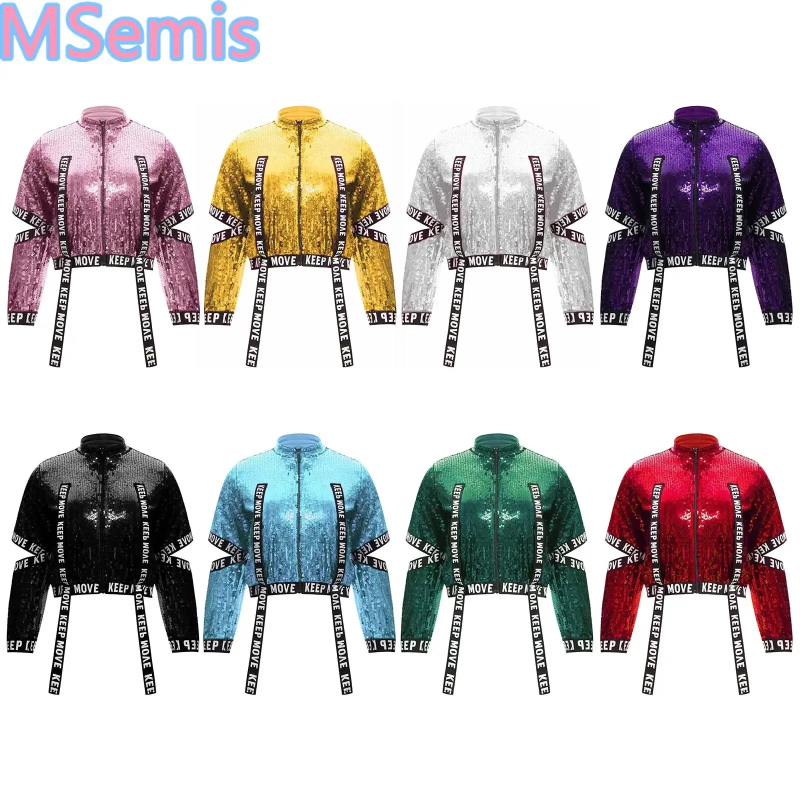 

Kids Girls Hip-Hop Jazz Jacket Dance Stage Performance Costume Cutout Sleeves Letter Printed Elastic Bands Sequins Coats