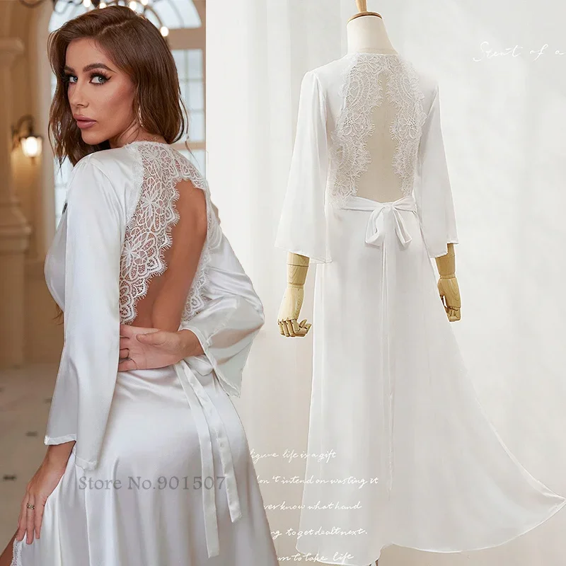 Wedding Dress Robe White Bride Morning Gown Sexy Hollow Out Lace Nightgown Sleepwear Ice Silk Nightwear Long Elegant Sleepdress