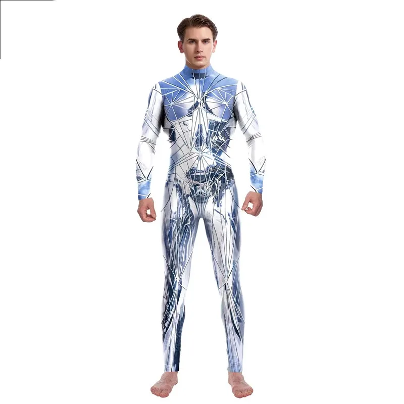 Halloween Couple Sexy Tights Reflective Pattern Silver Alien Jumpsuit Men's Bodysuit Women's Zipper Back Cosplay Costume Party