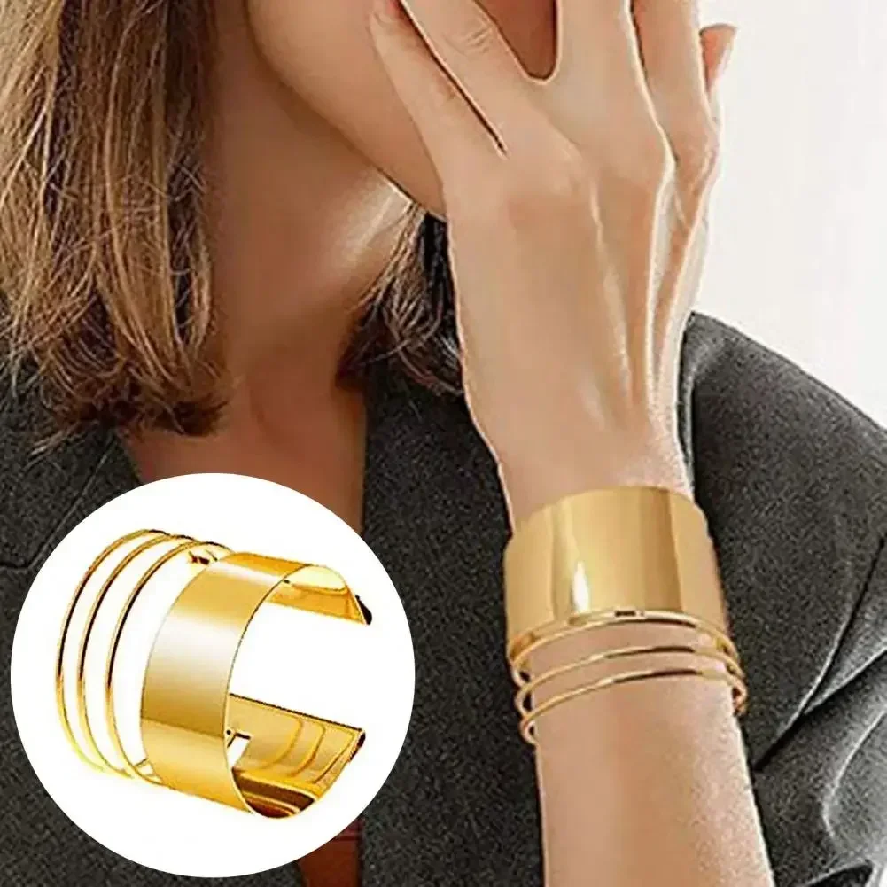 Gold Color Smooth Wide Cuff Bracelet Simple Open Big Metal Bangles for Female Women Charm Fashion Punk Jewelry